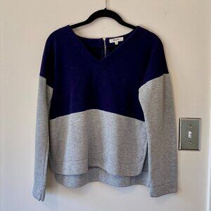 Madewell Sz Small V-neck Color-block Split-hem Sweatshirt Back Zip NavyBlue Gray